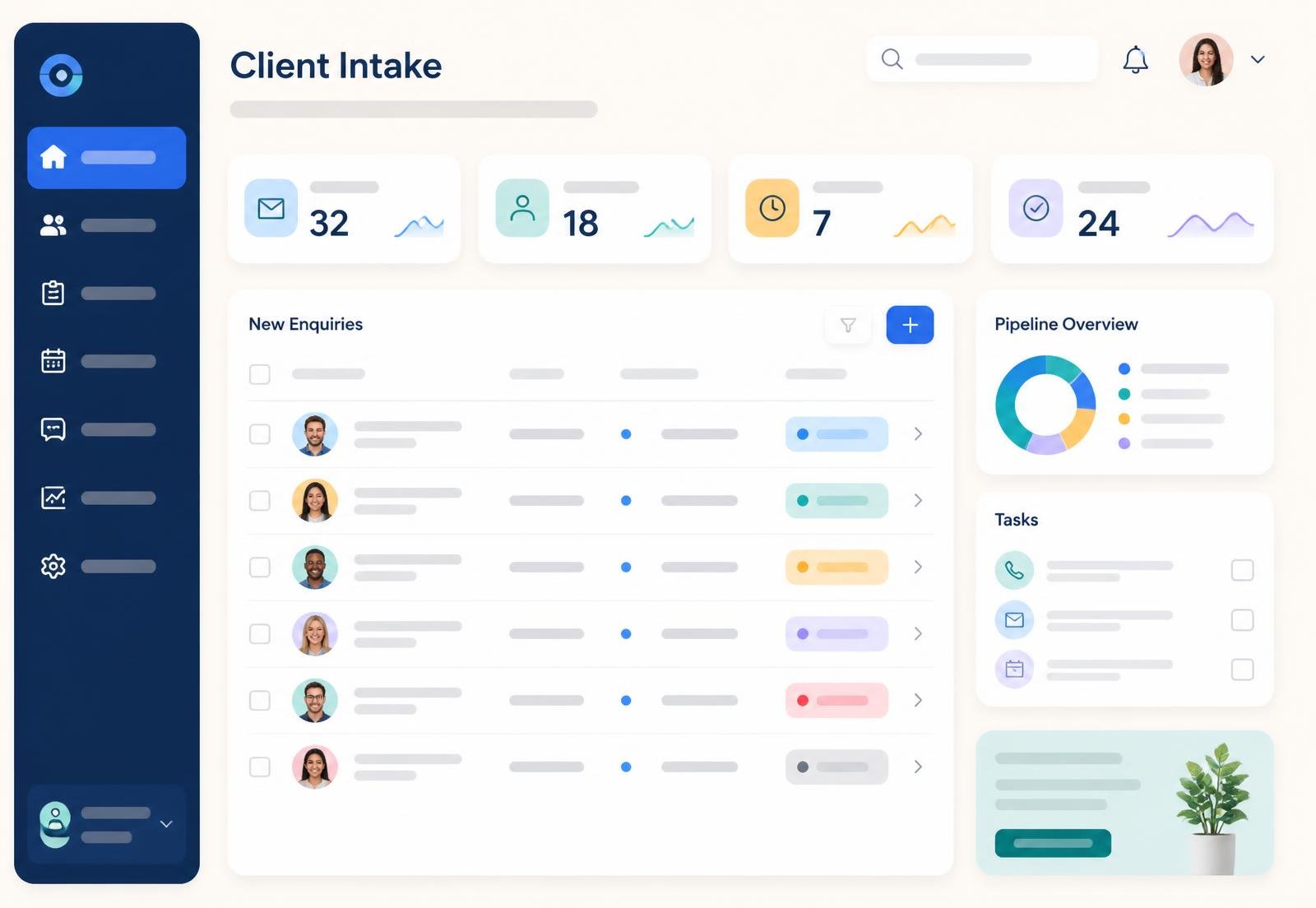 IntakeHarbor enquiry dashboard preview showing active enquiries and enquiry stage